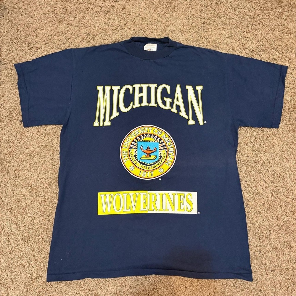 University of Michigan Wolverines T-Shirt Large Blue Seal Graphic Navy Mens L
